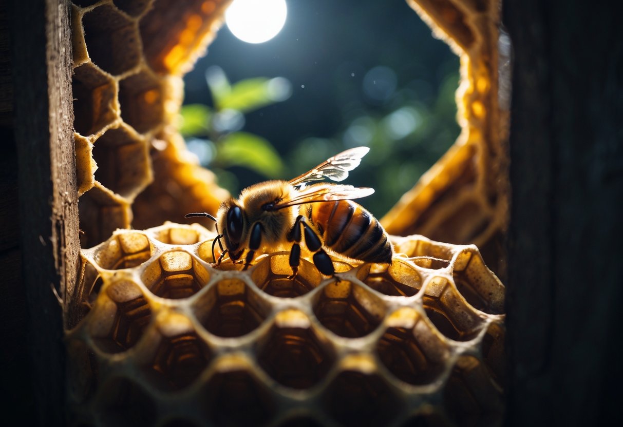 A honeybee resting inside a honeycomb in a beehive at night.