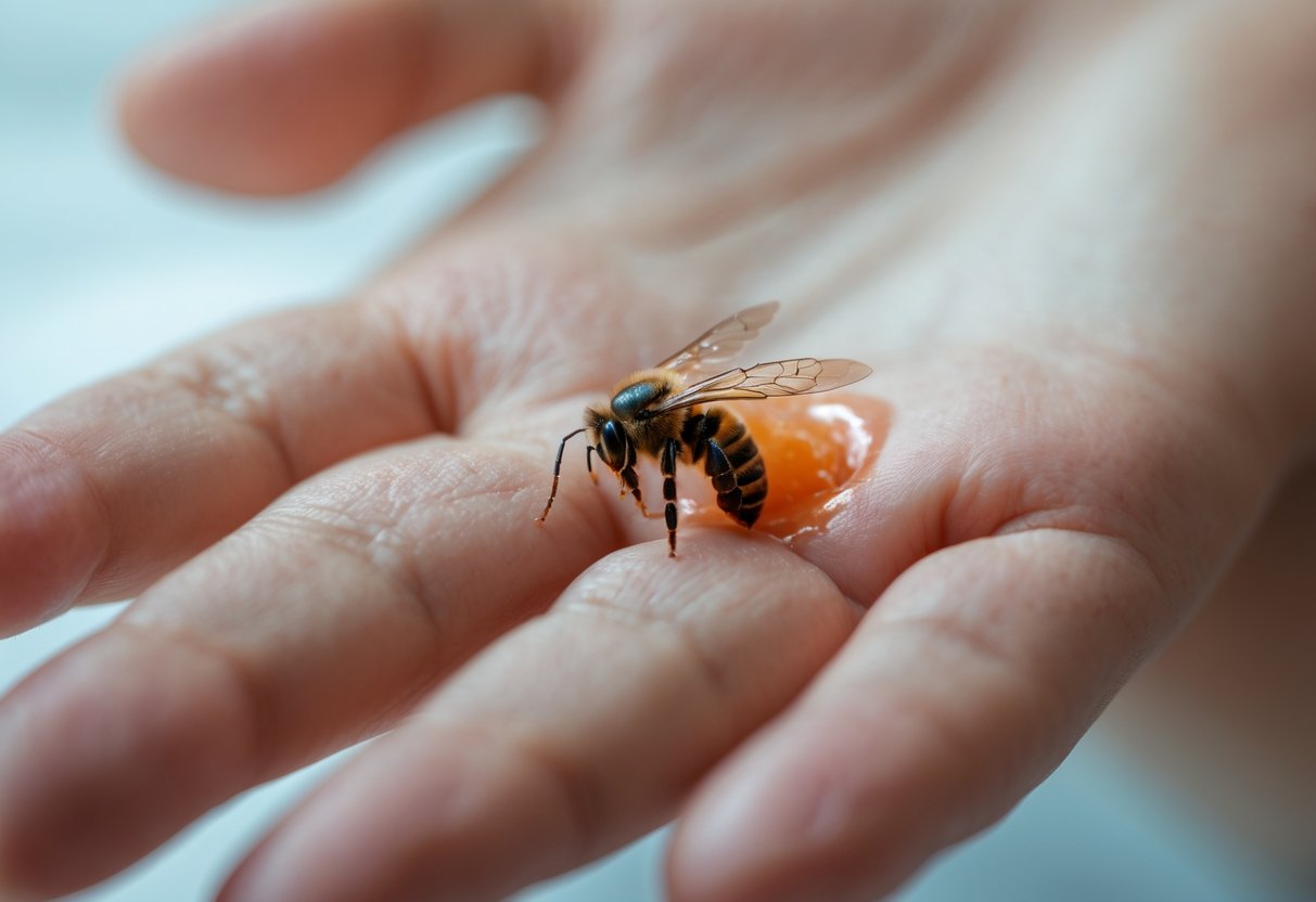 Close-up of a human hand with a bee stinger embedded in the skin and slight redness around it.