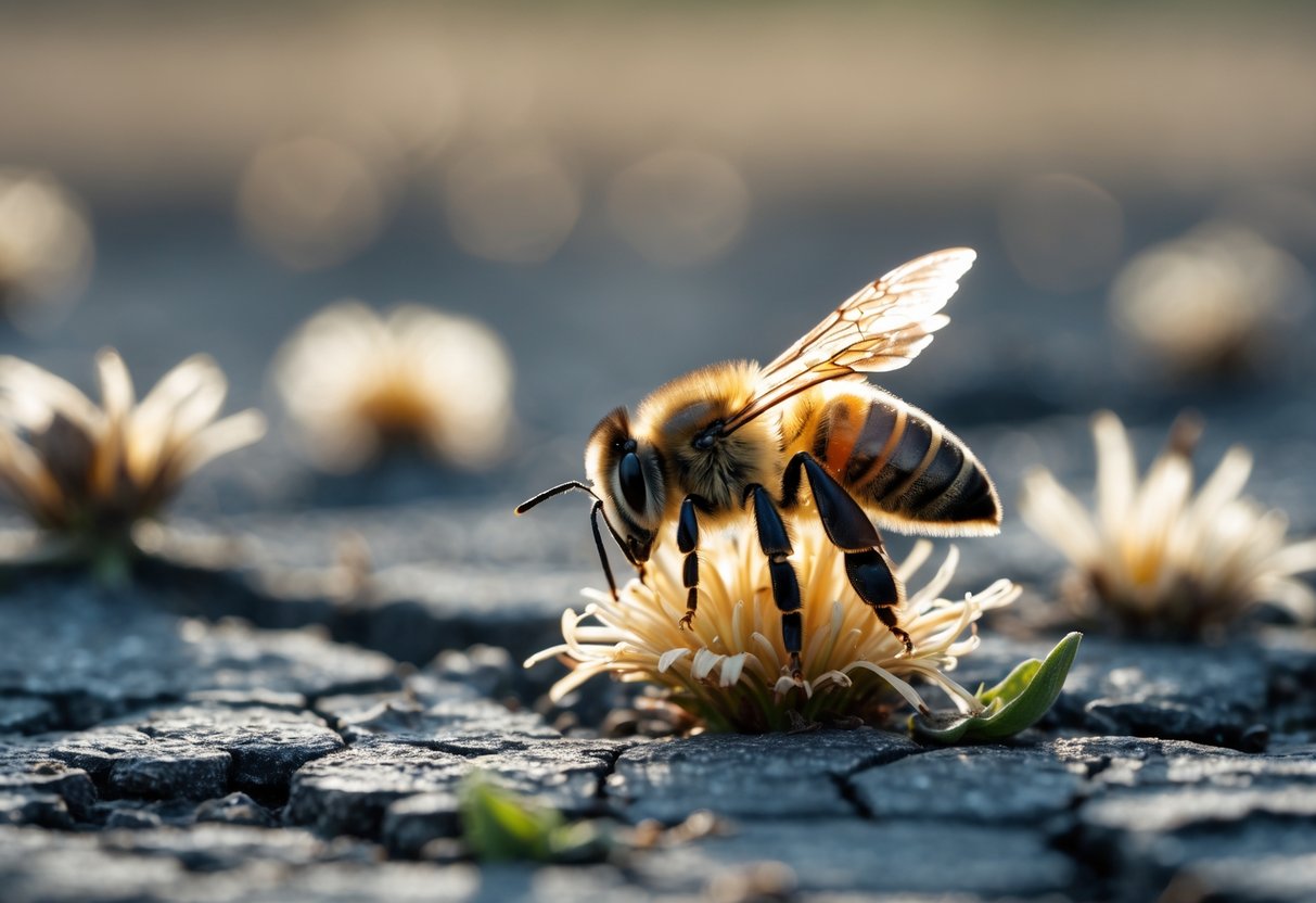 A honey bee resting on a wilted flower with dry, cracked earth and dead flowers in the background.
