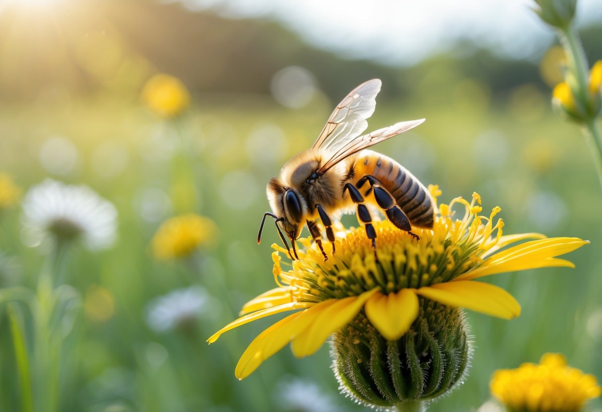 A close-up of a honeybee on a yellow flower in a sunlit meadow with blurred wildflowers in the background.