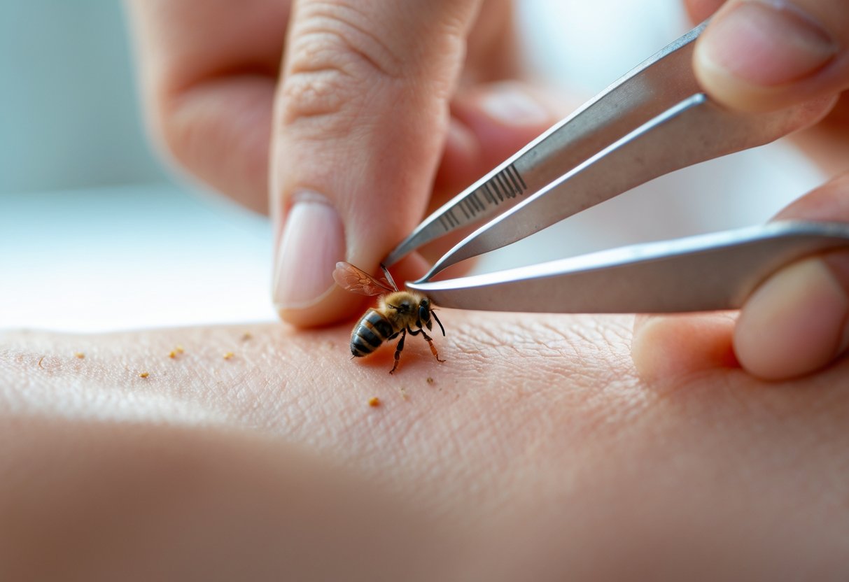 Close-up of a person removing a bee sting from their skin with tweezers.