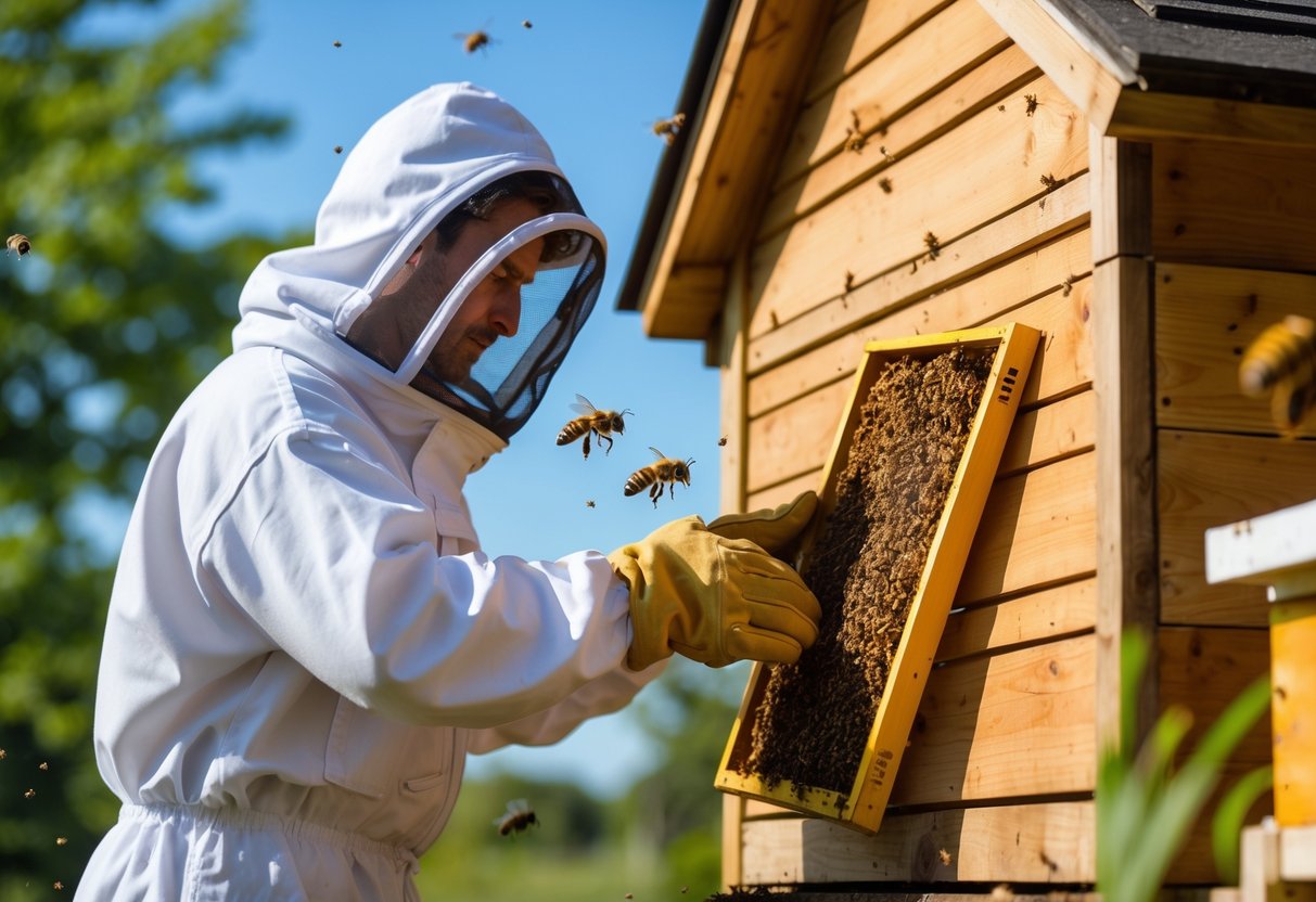 A person in protective gear removing a beehive from a wooden house outdoors on a sunny day.