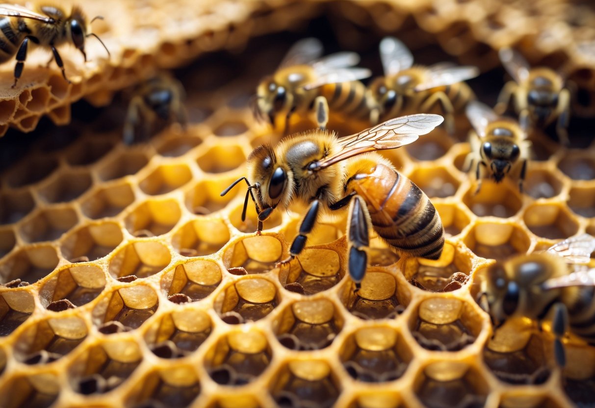A close-up of a honeybee performing a waggle dance on a honeycomb inside a beehive, surrounded by other bees.
