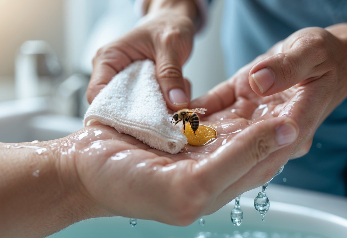 A close-up of a hand gently cleaning a bee sting on the skin with a wet cloth.