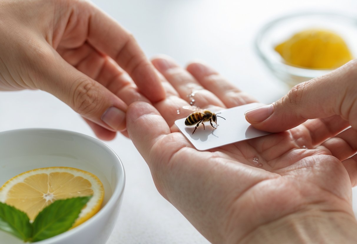 Close-up of a person removing a bee stinger from their hand using a flat object, with a bowl of water nearby.