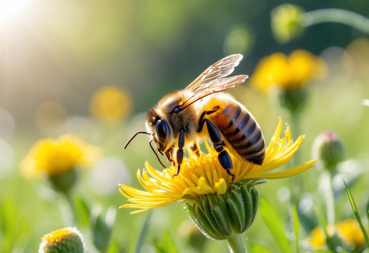 Close-up of a honeybee on a yellow flower in a sunny meadow surrounded by wildflowers and green foliage.