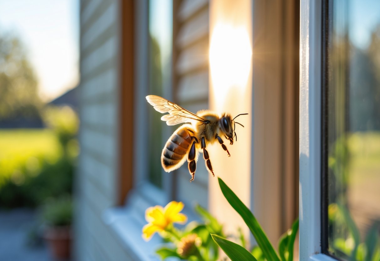 A honeybee landing on the window sill of a house with plants nearby.
