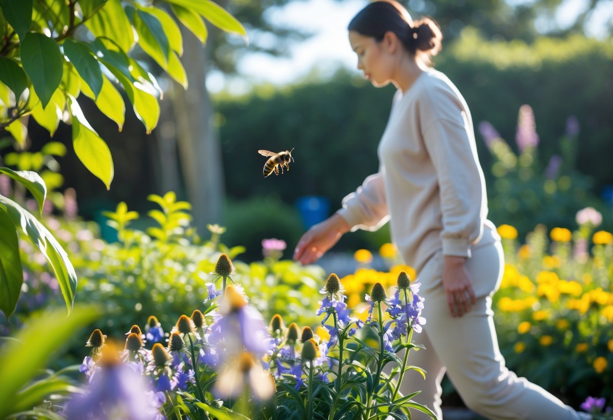 A person in light clothing carefully moving away from flowers with a bee hovering nearby in a sunny garden.