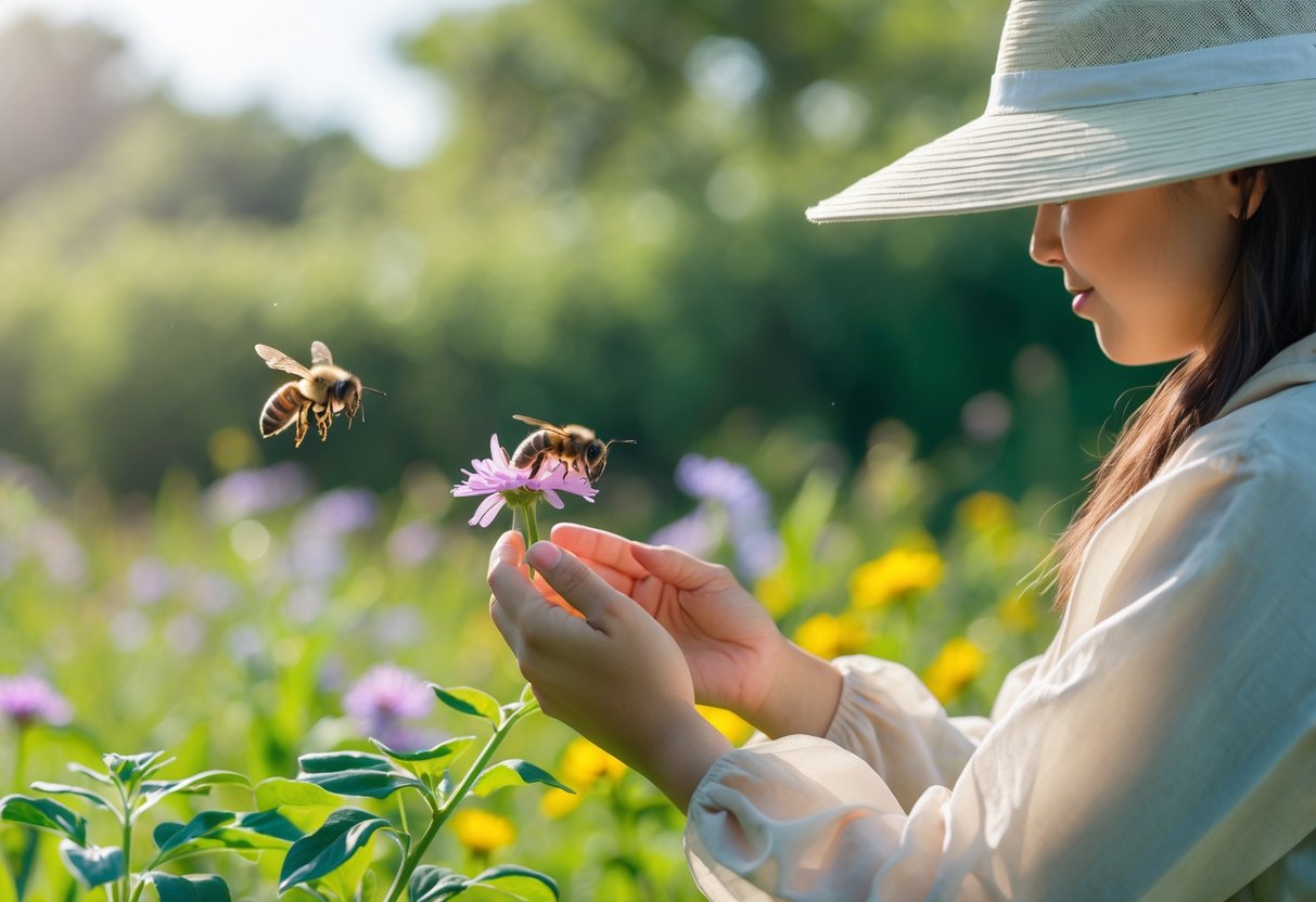 Person outdoors gently holding a flower while a bee hovers nearby in a garden setting.