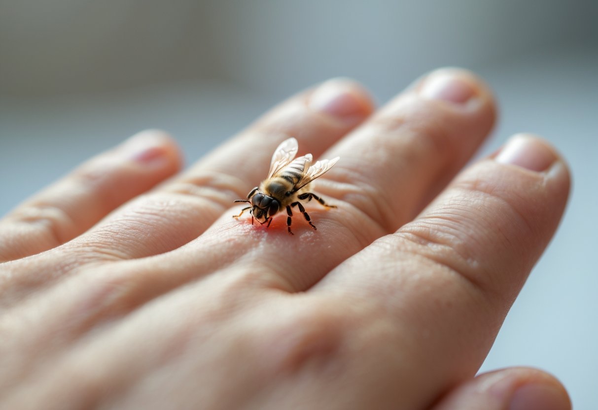 Close-up of a human hand with a bee sting embedded in the skin, showing redness and swelling around the sting.
