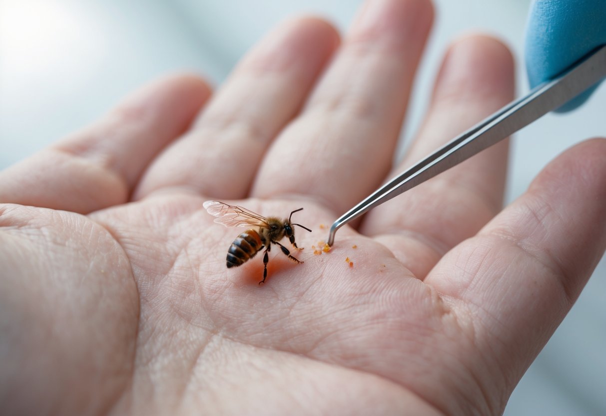 Close-up of a hand with a bee sting being carefully removed using tweezers, showing redness and swelling around the sting.