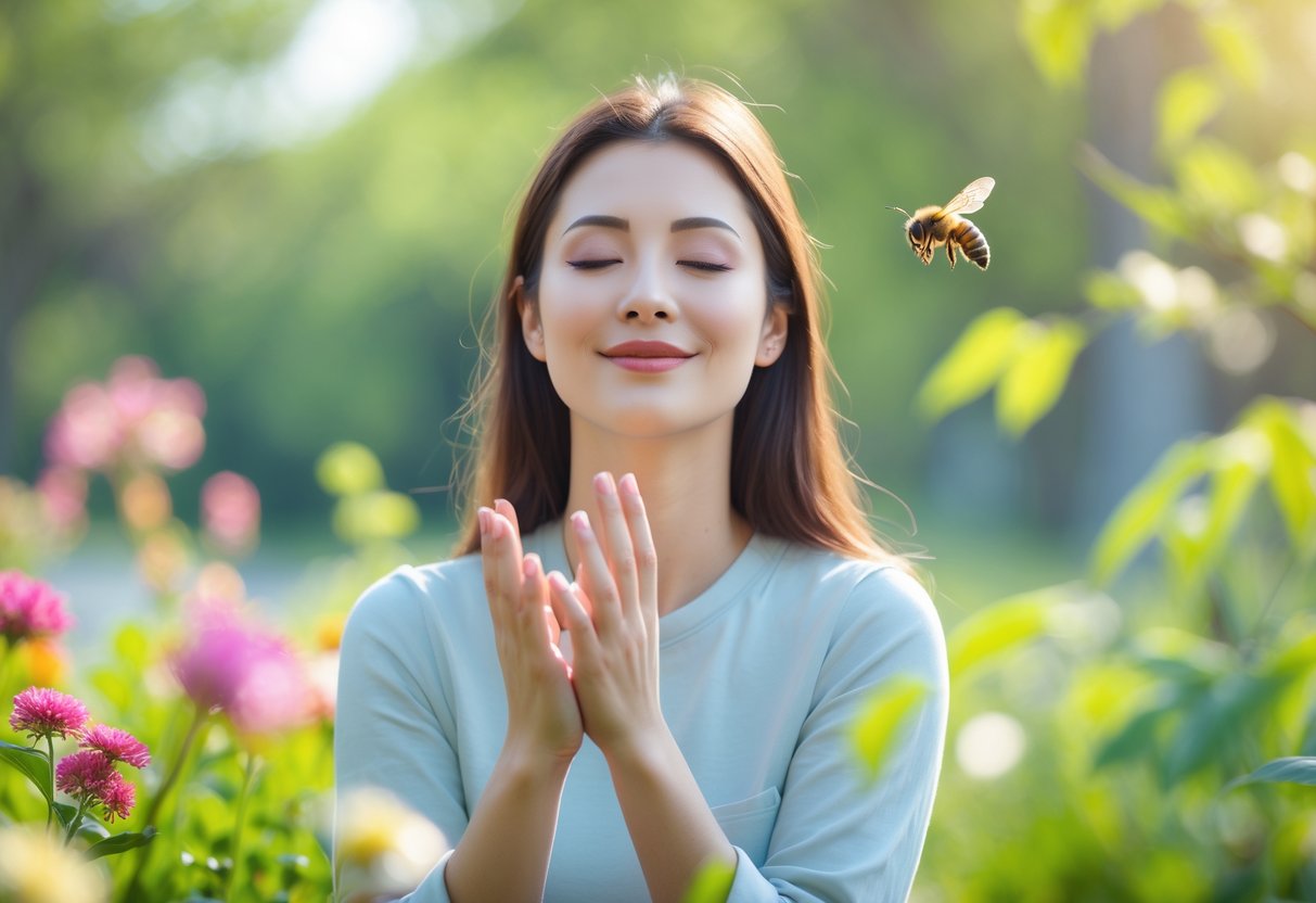 A calm young woman outdoors with a bee resting gently on her hand.