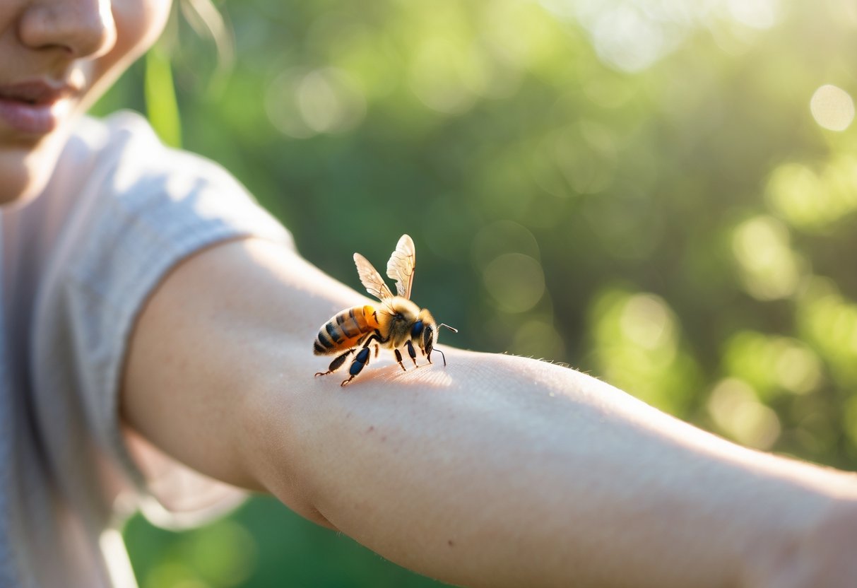 A person gently moving their hand away as a bee rests on their arm outdoors.