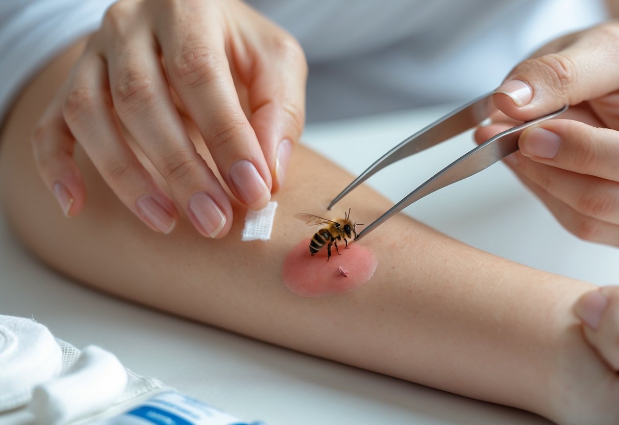 A person removing a bee stinger from their arm using tweezers with a first aid kit nearby.