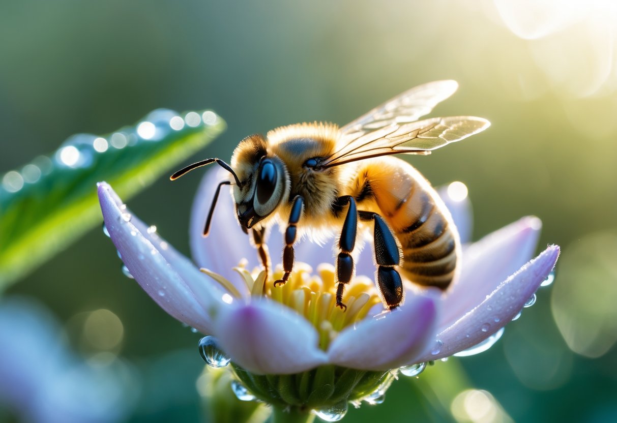 A close-up of a honeybee resting on a flower petal with soft sunlight and green leaves in the background.
