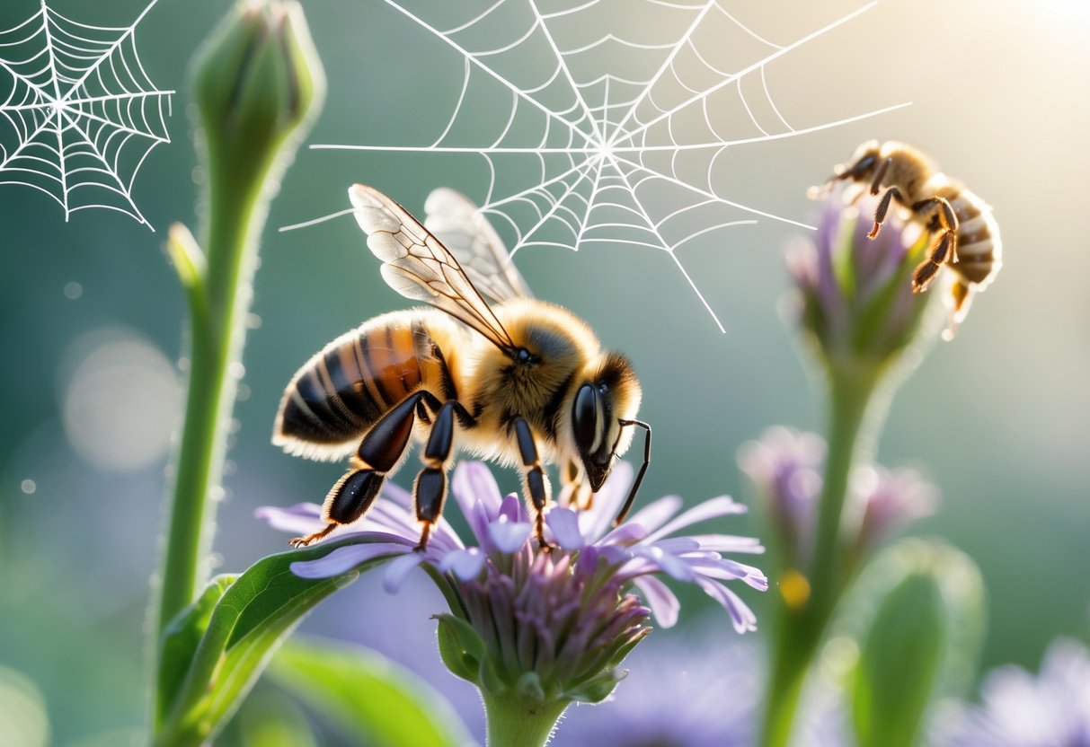 Close-up of a honeybee on a flower with blurred background showing pesticide spray, a spider web nearby, and wilted flowers.