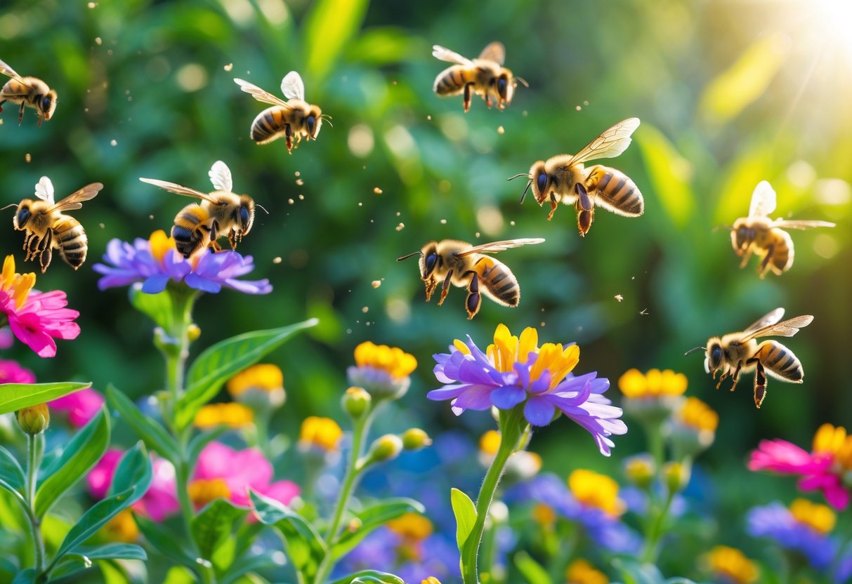 Close-up of bees hovering around colorful flowers in a sunlit garden.