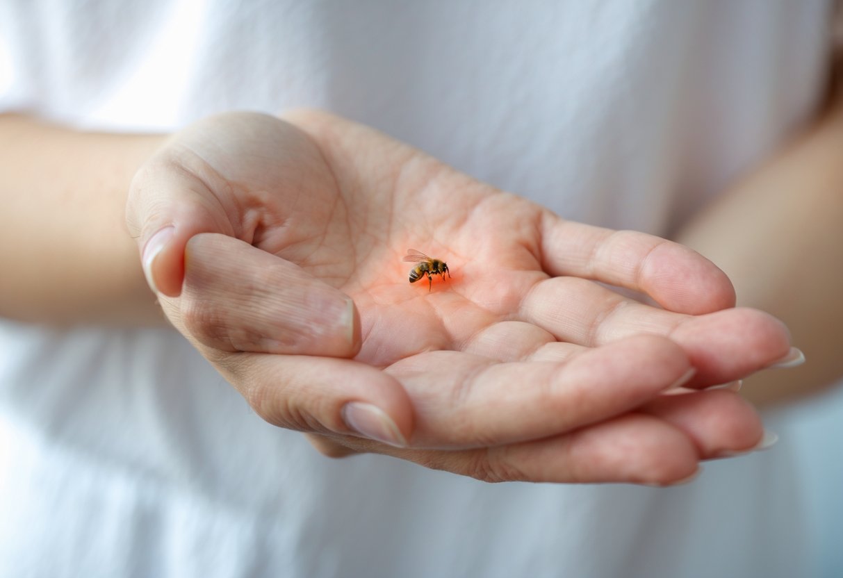 Close-up of a person's hand with a small red swollen area showing a normal reaction to a bee sting.