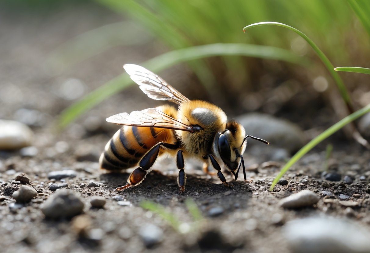 A honeybee resting on the ground surrounded by soil, small pebbles, and grass.