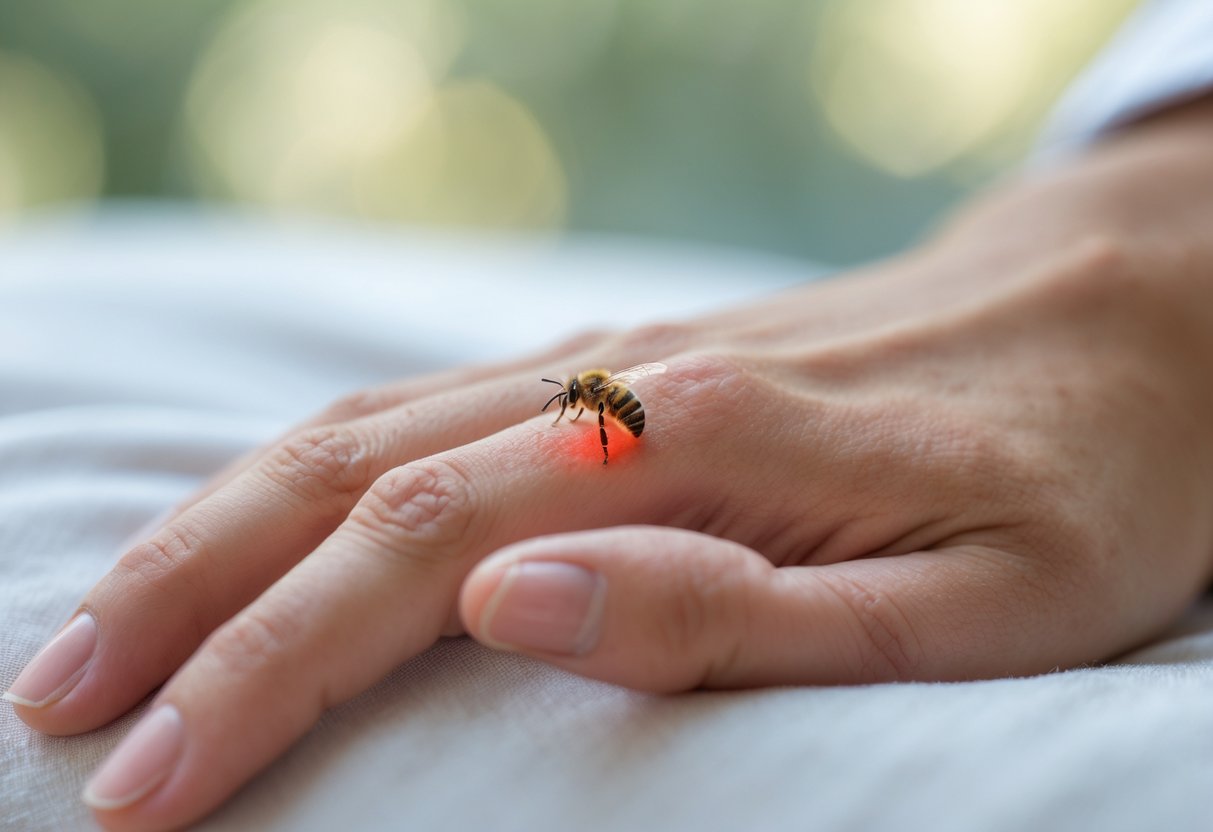 Close-up of a person's hand with a small red bee sting on the back of the hand.