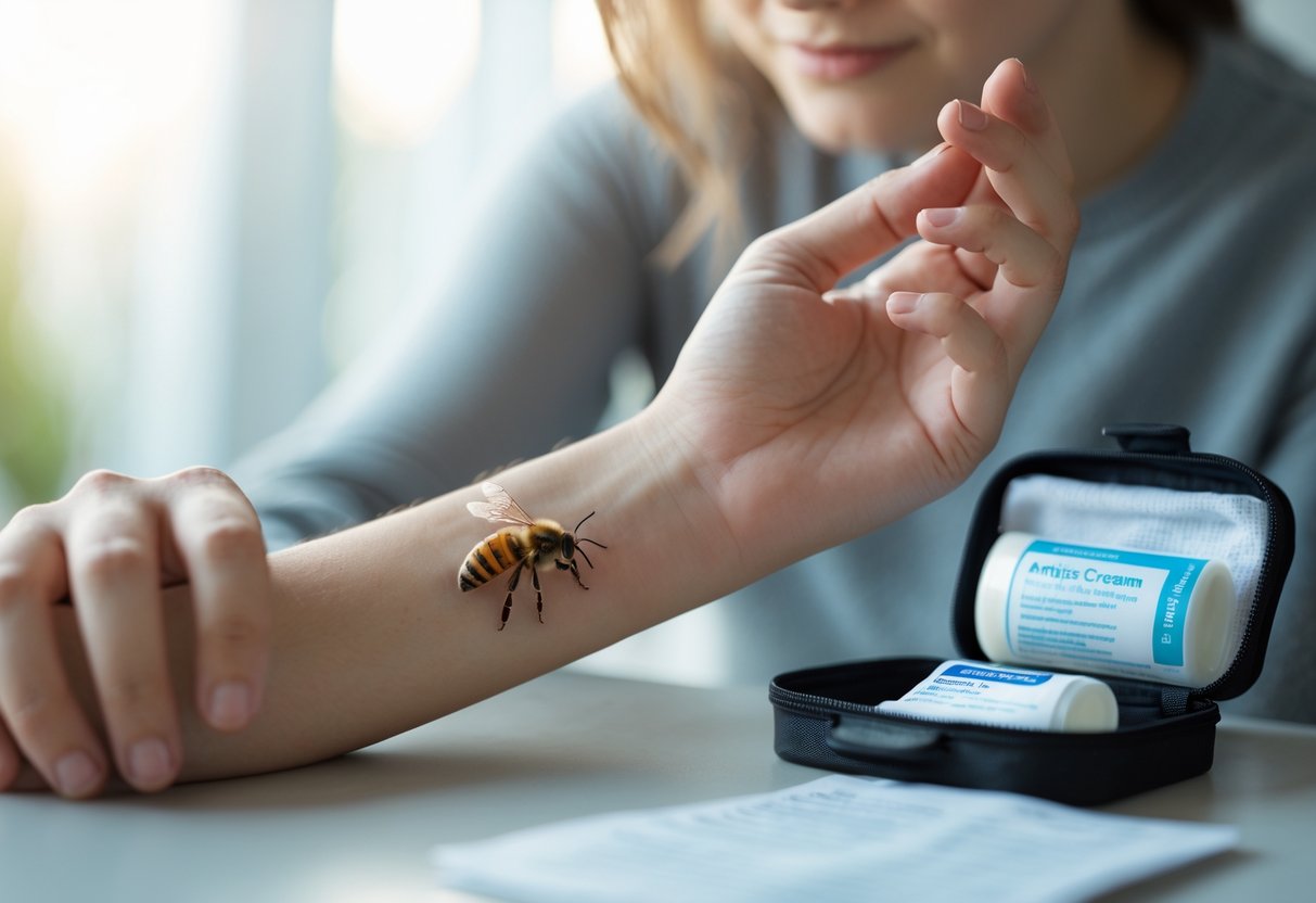A person examining a swollen bee sting on their forearm with a first aid kit nearby.