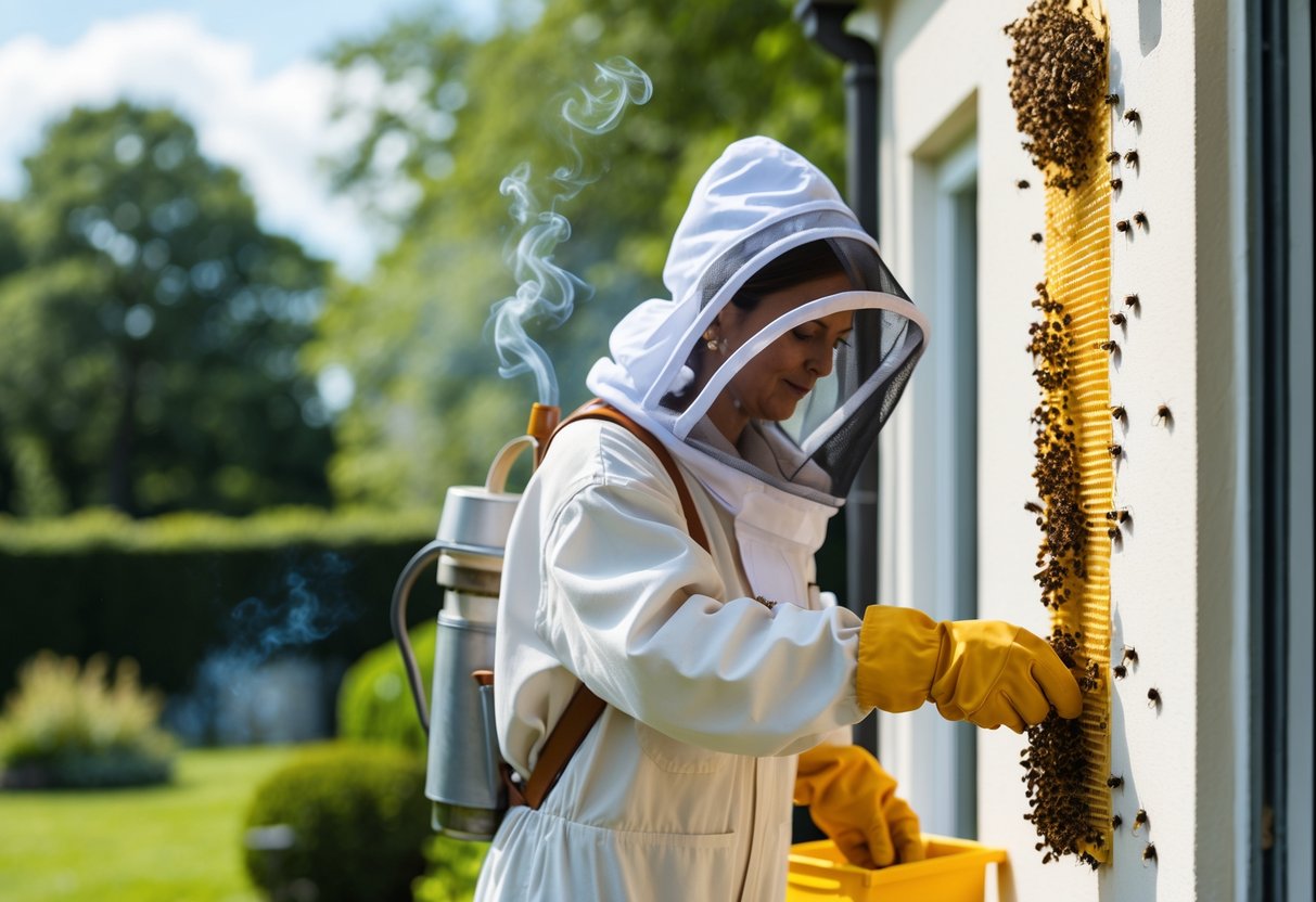 A person in protective beekeeping gear removing a beehive from the side of a house using a smoker tool on a sunny day.