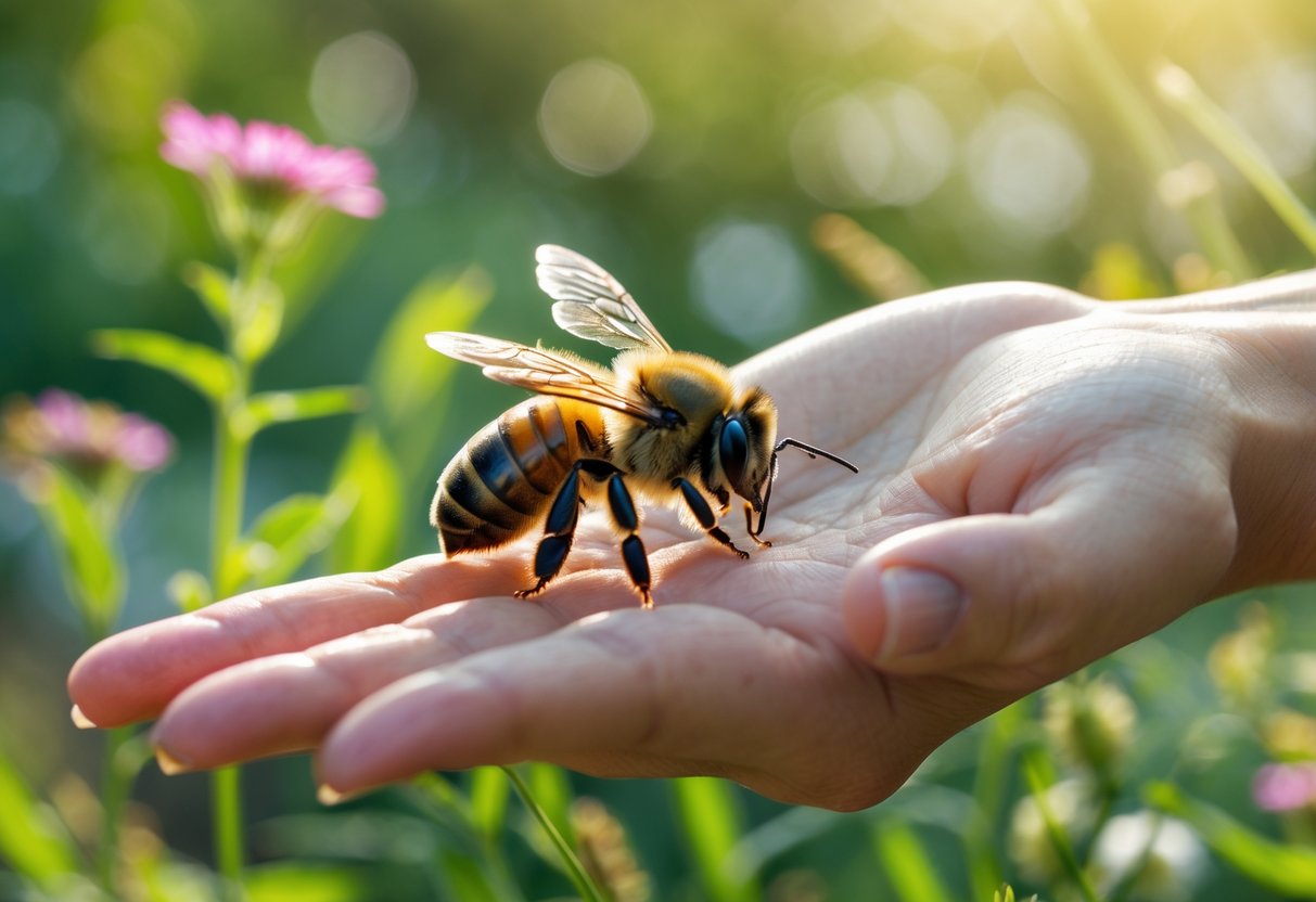 A close-up of a bee landing on a person's outstretched hand outdoors with green plants and flowers in the background.
