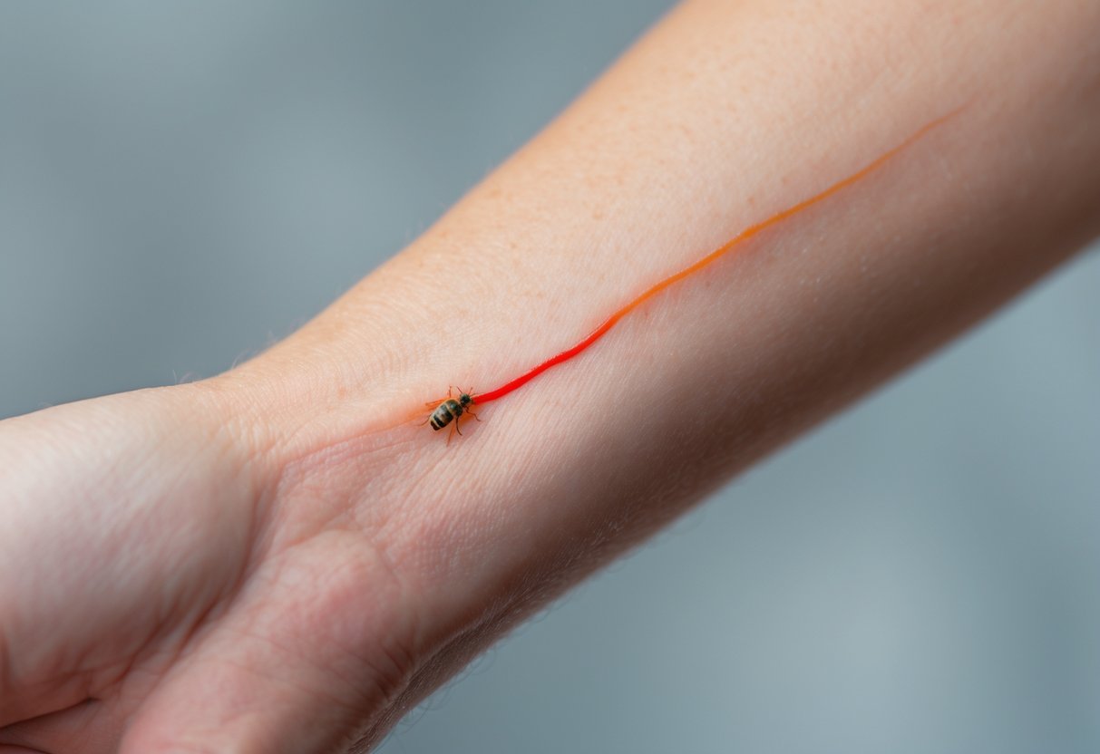 Close-up of a human forearm showing a bee sting with a red line extending from the sting site.