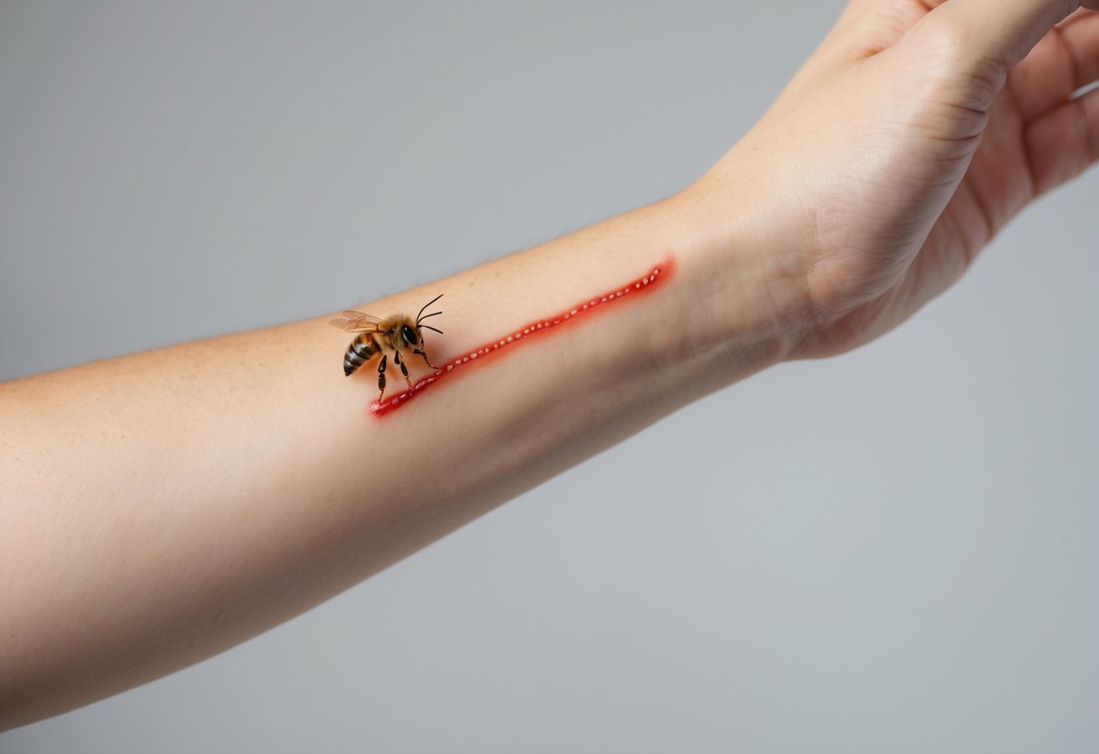 Close-up of a forearm with a bee sting and a red line extending from the sting site.
