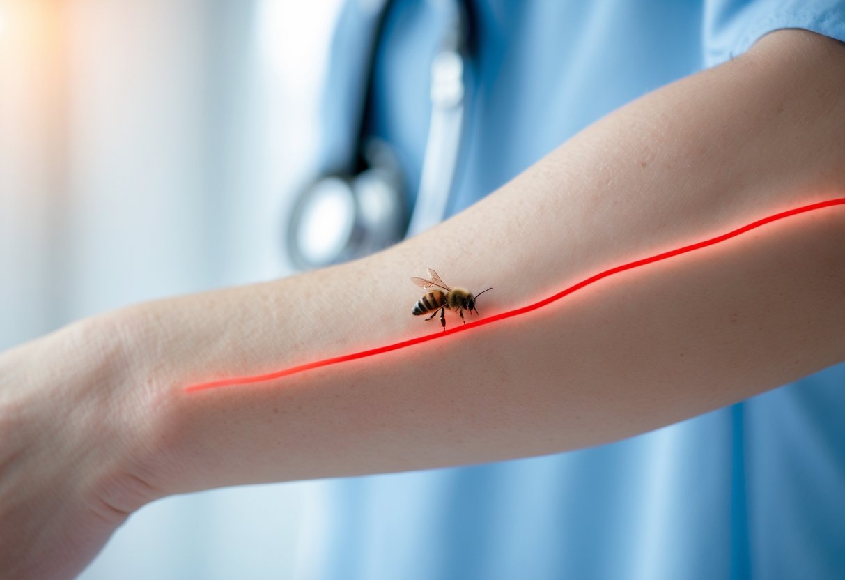 Close-up of a person's forearm with a red line extending from a bee sting, showing swelling and irritation.