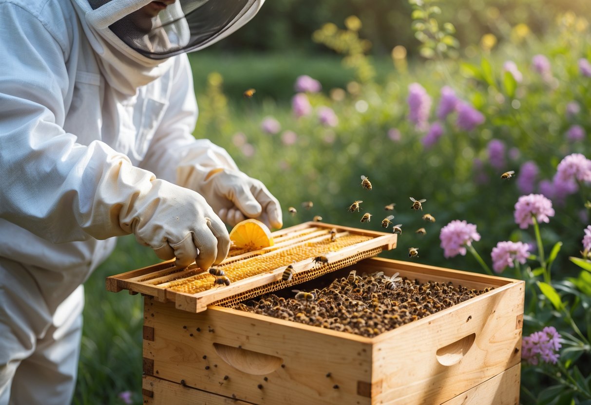 A beekeeper holding a hive frame near blooming flowers, applying a natural repellent while bees fly around.