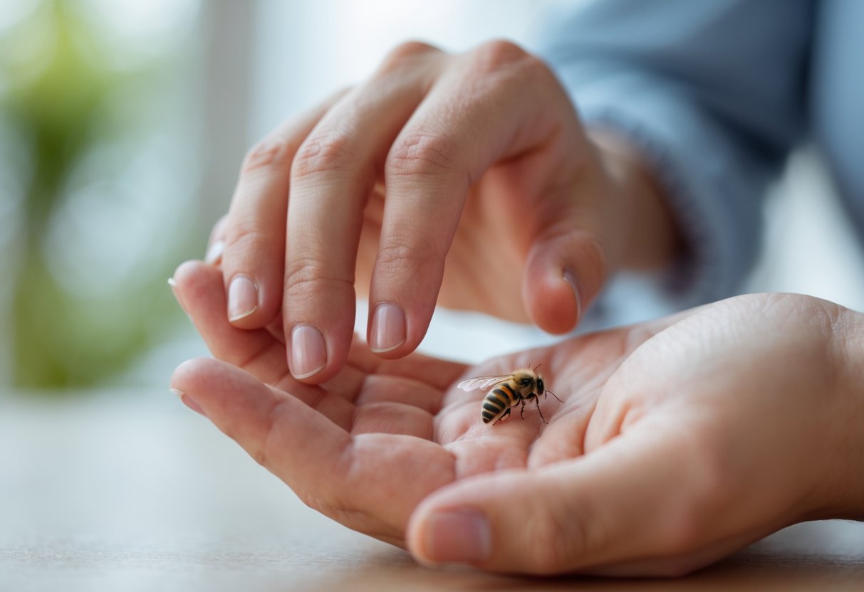 Close-up of a person's hand with a swollen bee sting on one finger being gently pressed by the other hand.