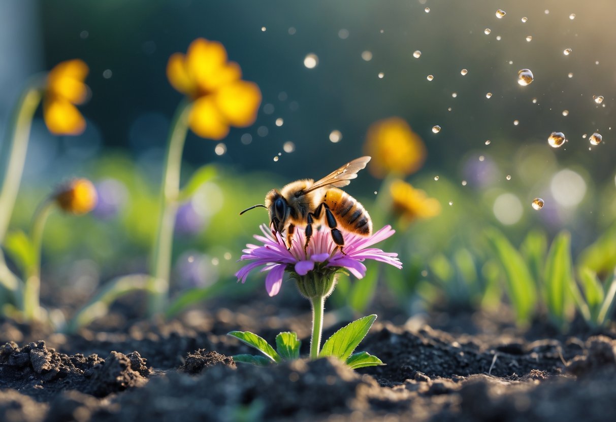 A honeybee sitting on a flower with signs of environmental stress like wilted plants and dry soil in the background.