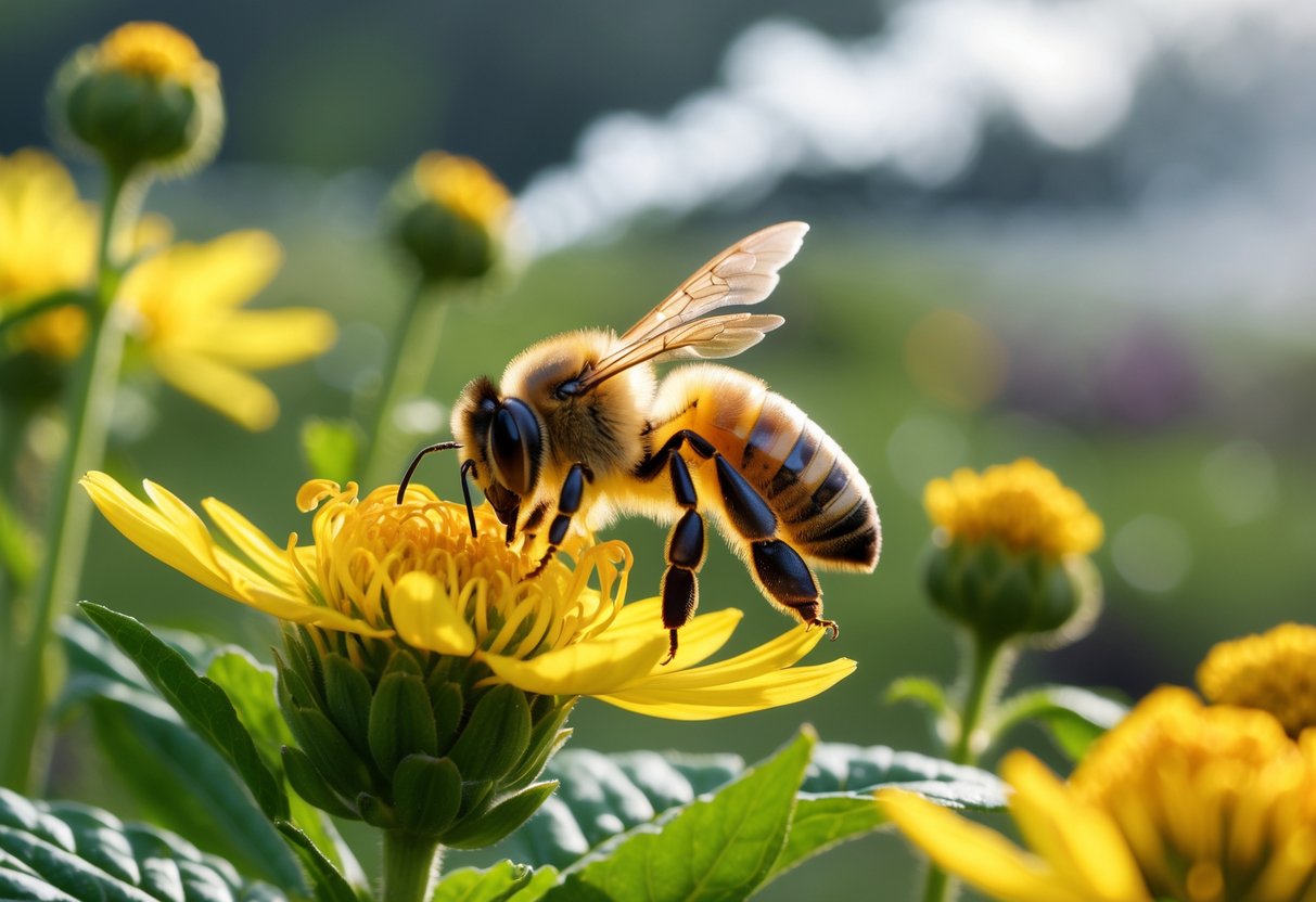 A close-up of a honeybee collecting nectar from a yellow flower with green leaves and a faint hint of pollution in the background.