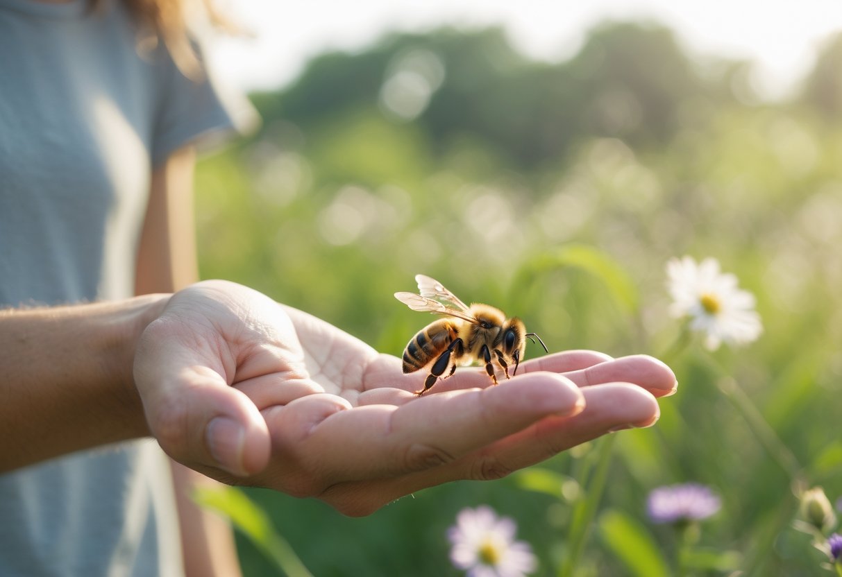 A person calmly holding a honeybee on their finger outdoors with greenery in the background.