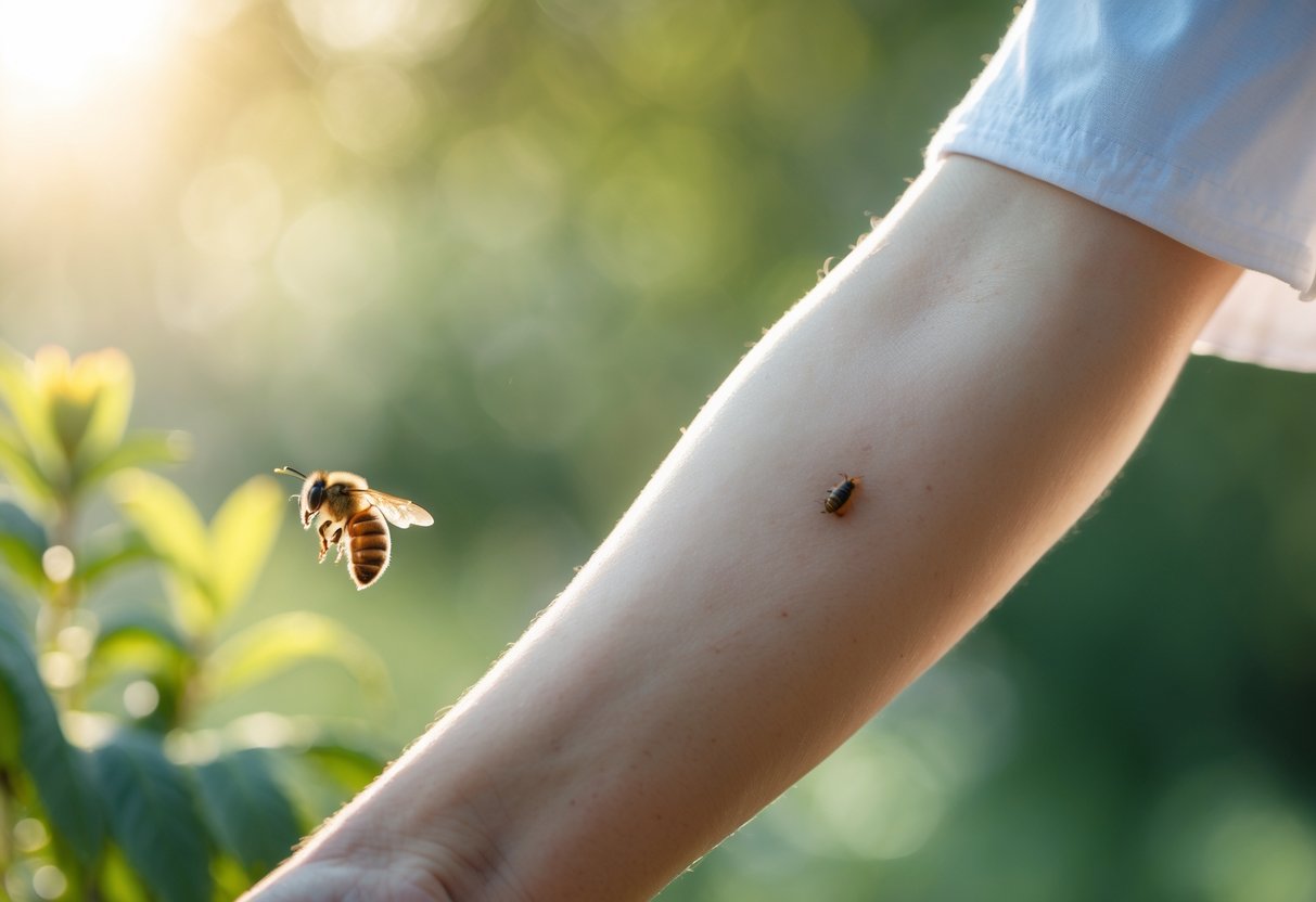 Close-up of a human arm with a small bee sting mark and a honeybee flying nearby outdoors.