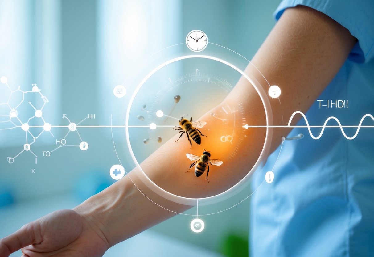 Close-up of a human arm with a bee sting mark, accompanied by subtle scientific and time-related visual elements in a clean medical setting.