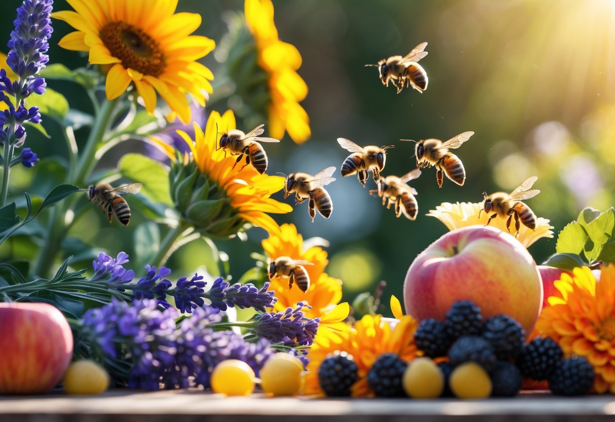 Bees collecting nectar from colorful flowers and fresh fruits in a sunlit garden setting.