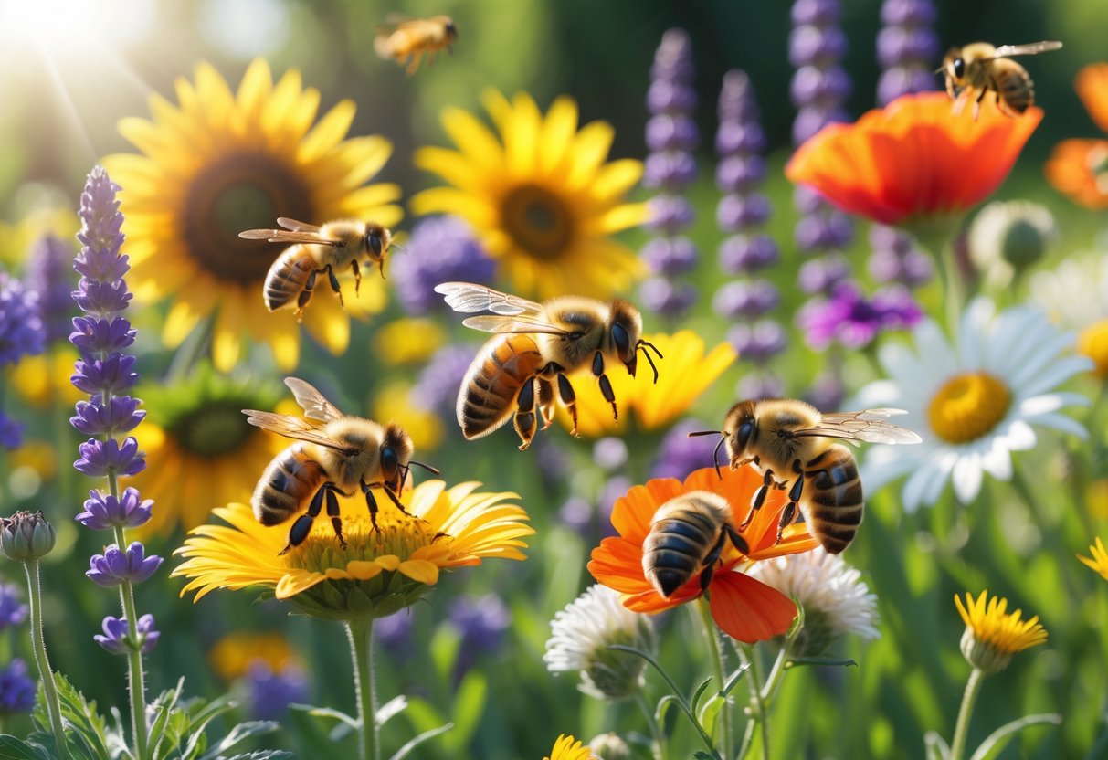 Close-up of bees collecting nectar from various colorful flowers in a sunlit garden.