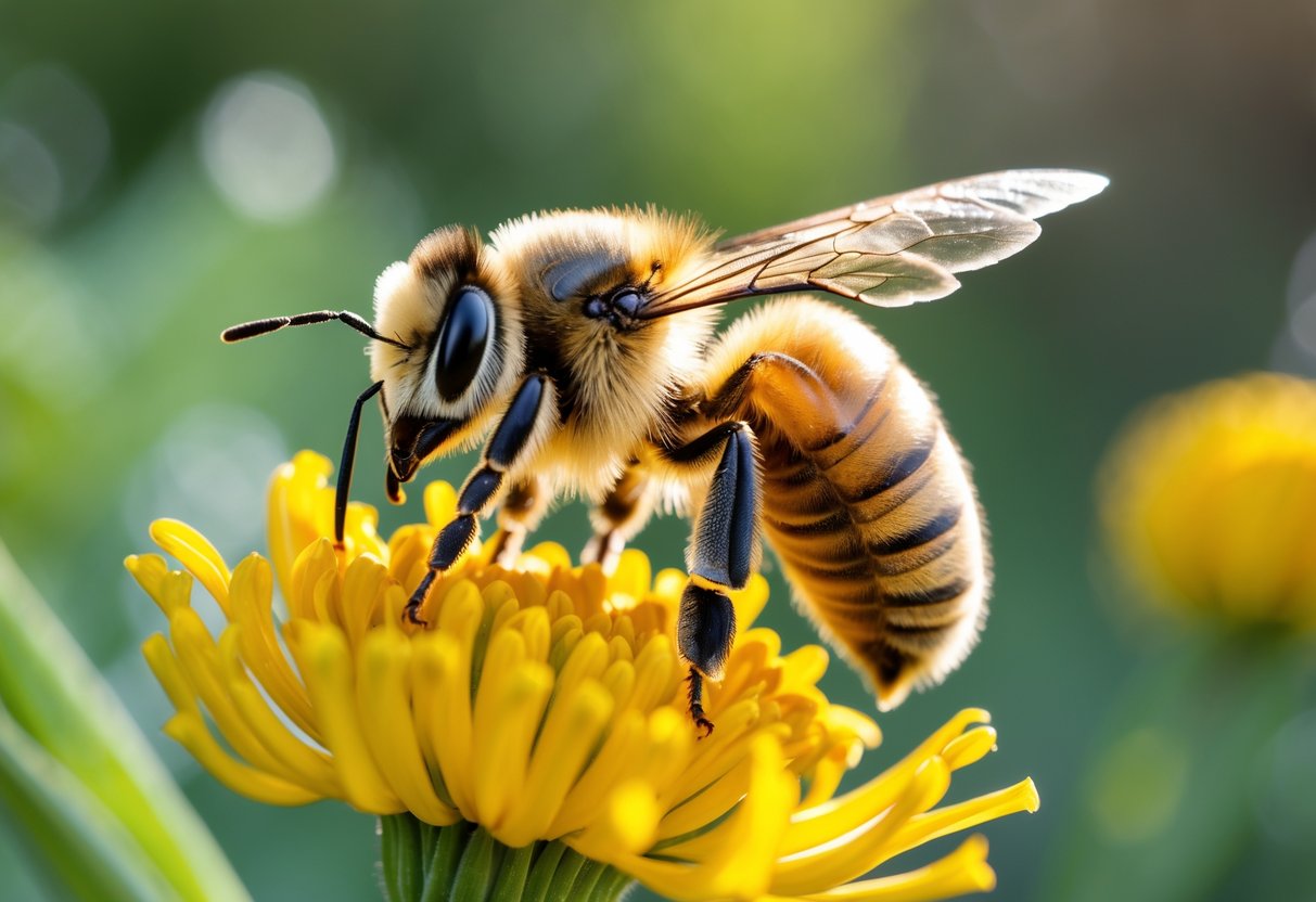 Close-up of a honey bee on a yellow flower with green blurred background.