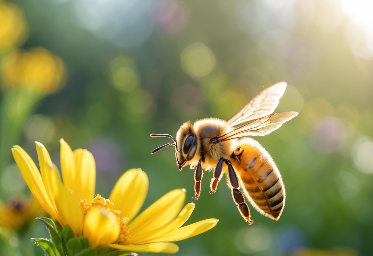 A honeybee hovering near a yellow flower in a sunlit garden.