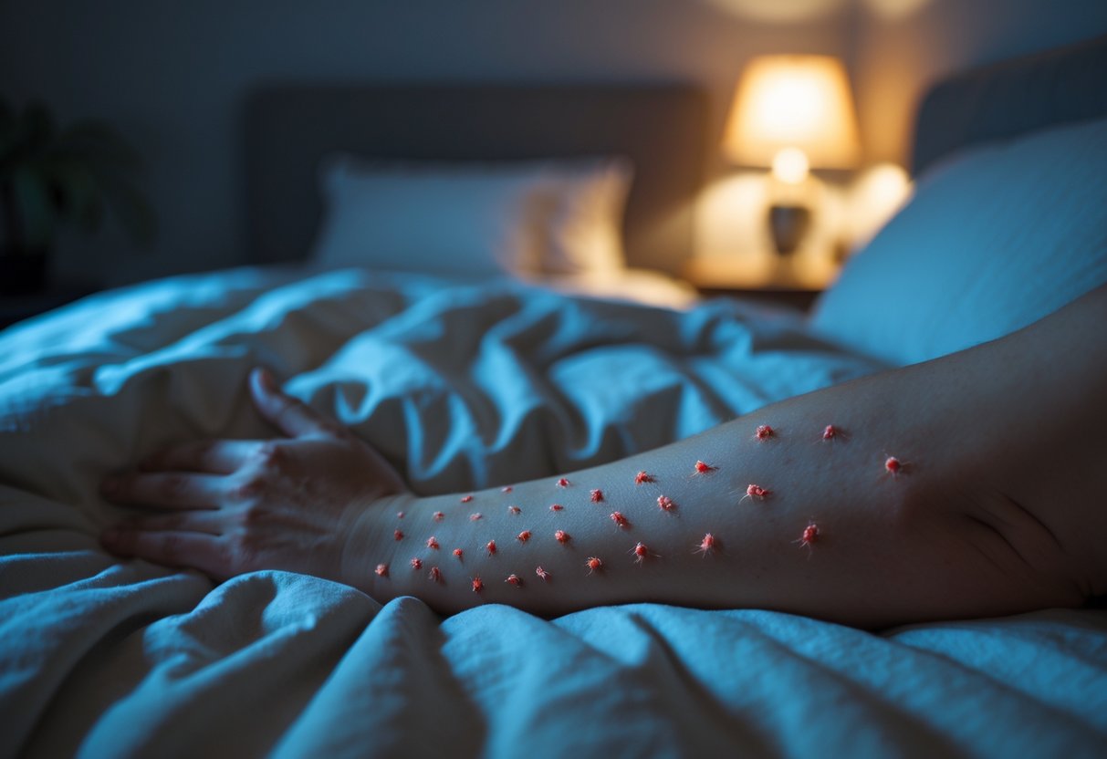 Close-up of a person's arm with small red bites in a dimly lit bedroom at night.