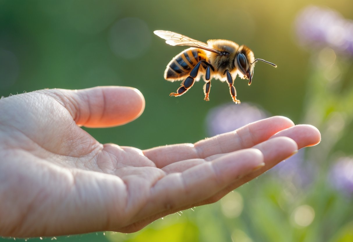 A bee flying close to a person's hand outdoors with flowers in the background.