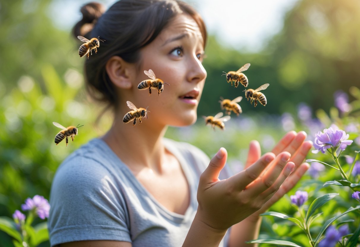 A person outdoors surrounded by several bees flying close to their face and hands in a garden with flowers.