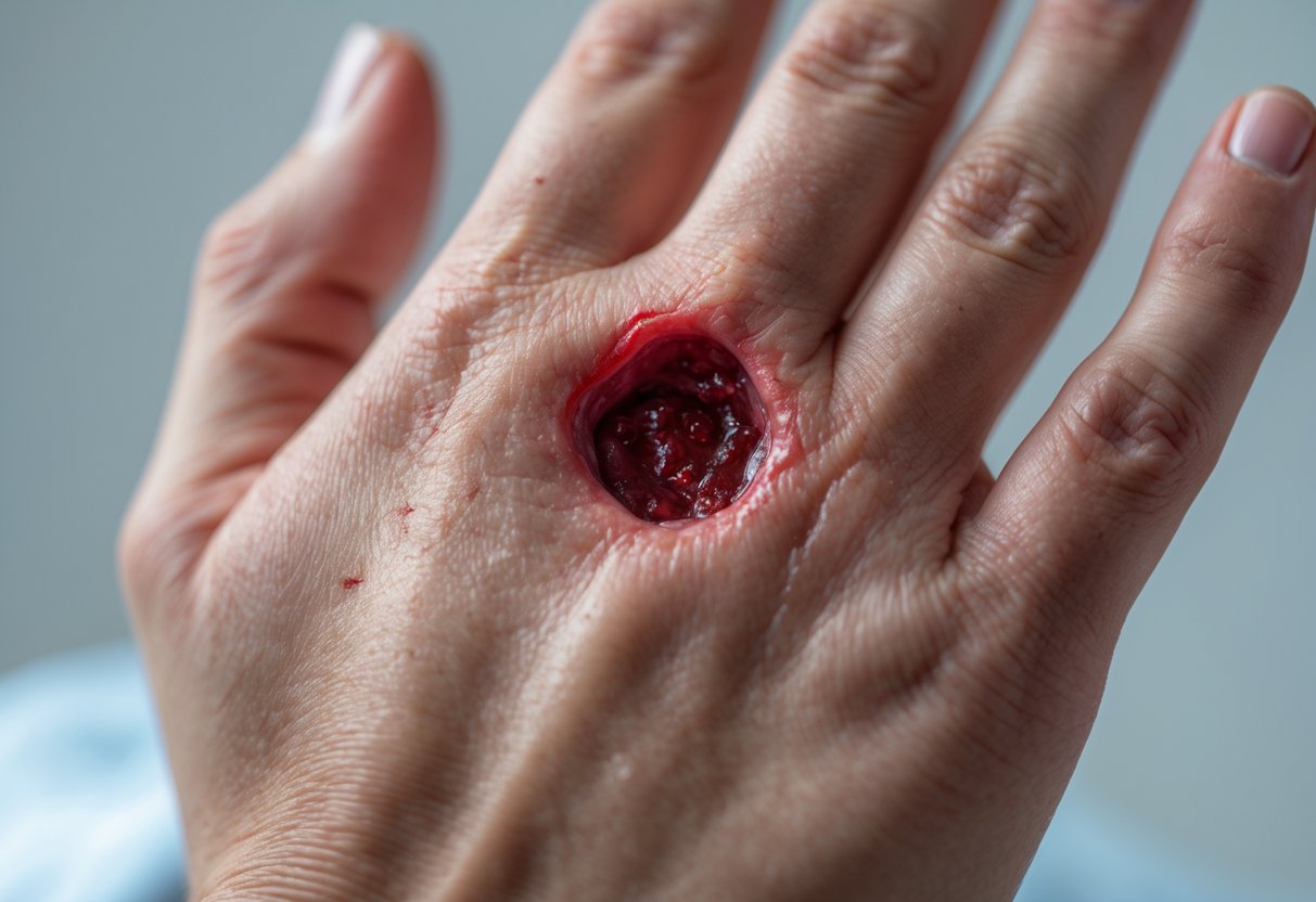 Close-up of a swollen and red human hand with an infected bite wound showing signs of severe infection.