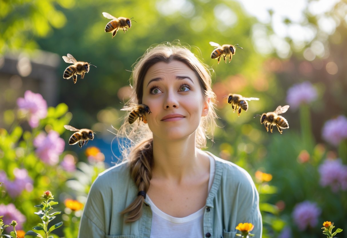 A young woman outdoors in a garden with bees hovering around her face and shoulders.
