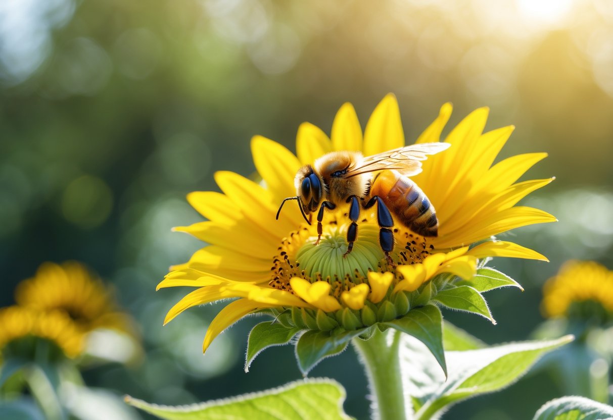A honeybee sitting on a bright yellow sunflower with green leaves in the background.