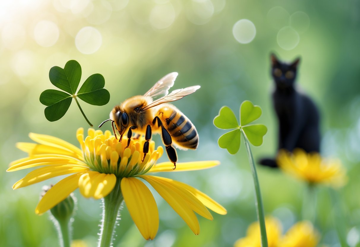A close-up of a honeybee on a yellow flower with green foliage and subtle symbols of luck in the background.