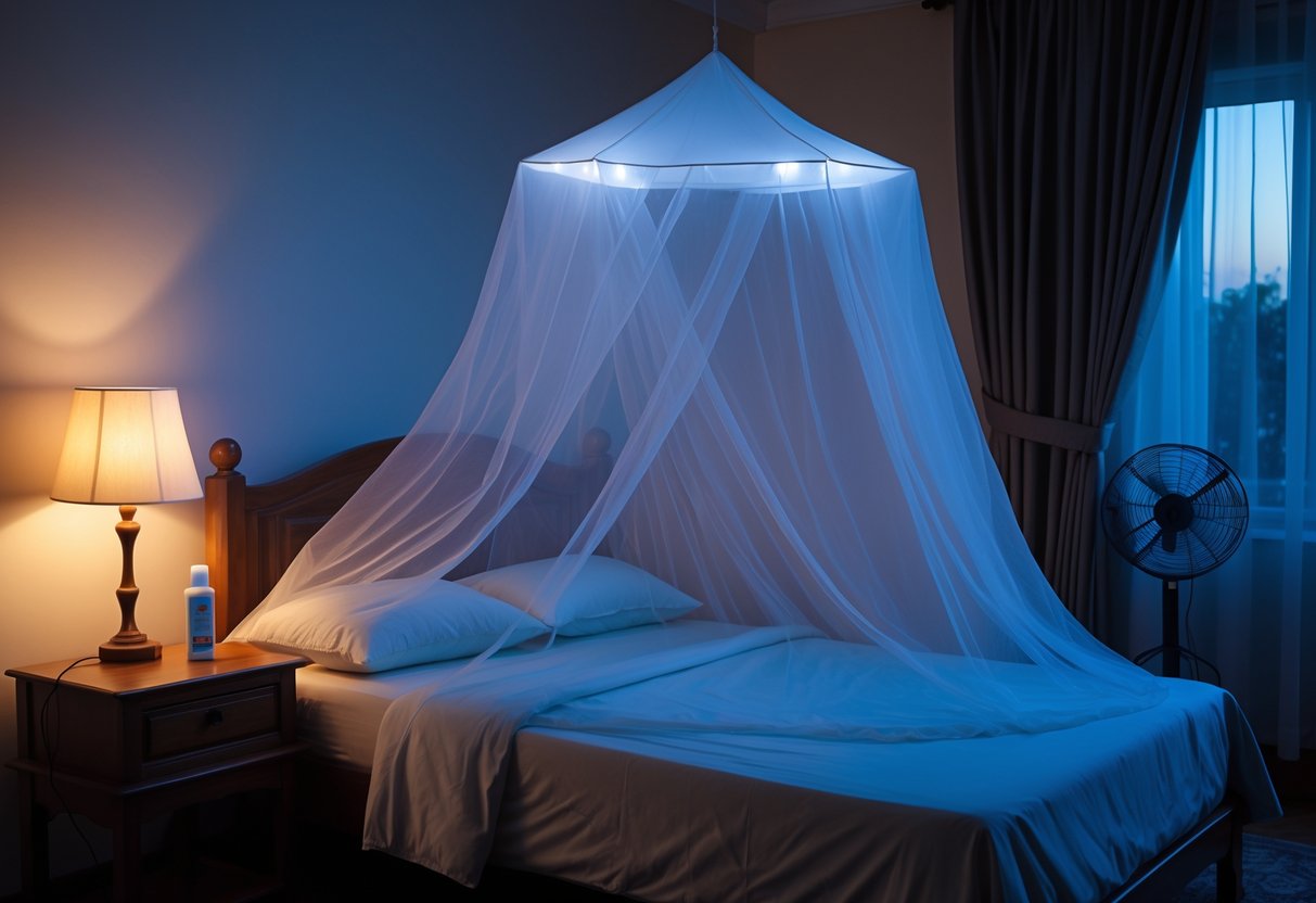 A bedroom at night with a bed covered by a mosquito net, a bedside table with insect repellent and a fan, and closed curtains.