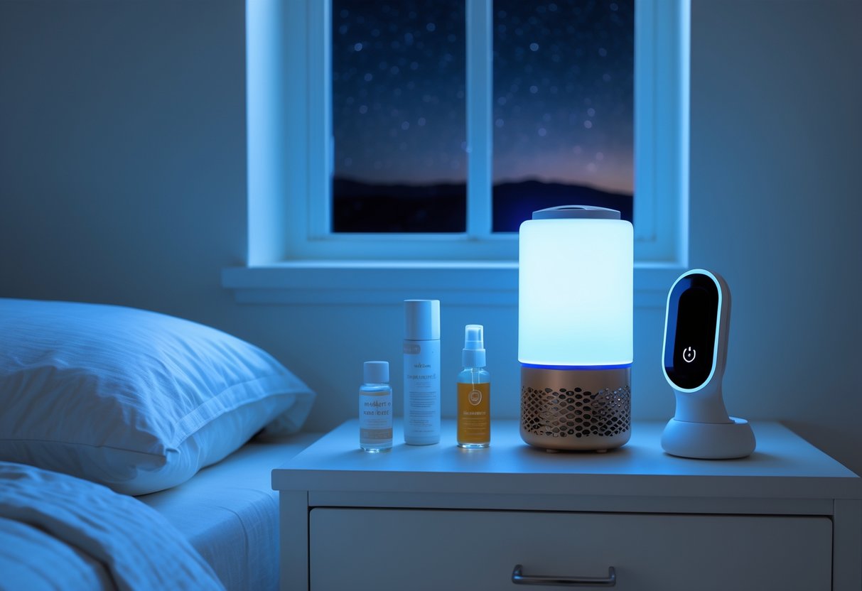 A bedroom at night with a bed and bedside table displaying mosquito prevention products and smart devices.